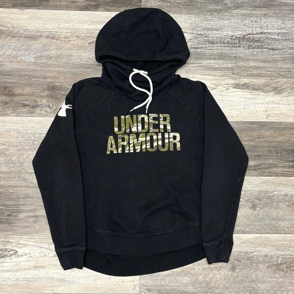 Under Armour UA Favorite Fleece‎ Hoodie Black Camo Spellout Womens S Funnel Neck - Picture 2 of 7
